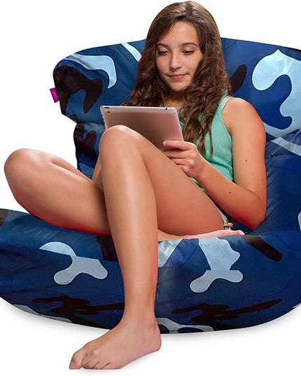 Posh Creations Structured Comfy Bean Bag Chair for Gaming, Reading and Watching TV, Laguna Lounger, Nylon - Camo Blue and Light Blue - LeafyLoom