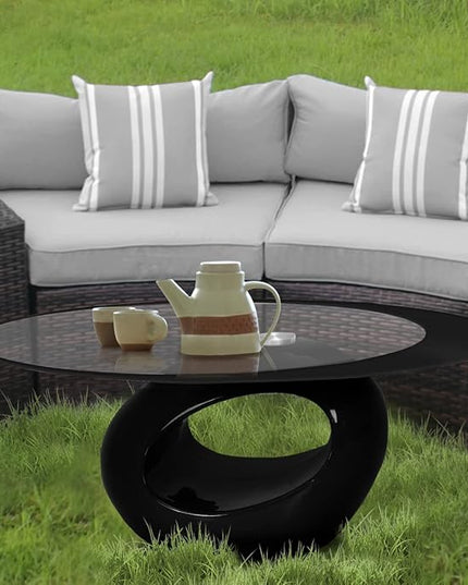 Fab Glass and Mirror Coffee High Gloss Base Modern Black Center Table with Oval Glass Top for Living Room, Offices, 25.5 X 43.5 - LeafyLoom