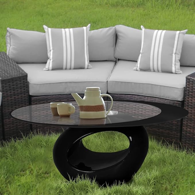 Fab Glass and Mirror Coffee High Gloss Base Modern Black Center Table with Oval Glass Top for Living Room, Offices, 25.5 X 43.5 - LeafyLoom