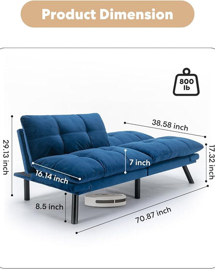 Velvet Convertible Futon Sofa Bed, 71" Comfy Loveseat Sleeper Sofa with Adjustable Backrest Armrest, Strengthen Wood, 7" Thick Padded Cushion, Small 2 Seater Couch for Living Room, Bedroom - LeafyLoom