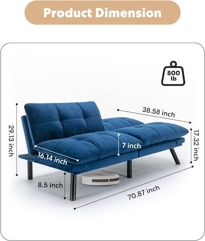 Velvet Convertible Futon Sofa Bed, 71" Comfy Loveseat Sleeper Sofa with Adjustable Backrest Armrest, Strengthen Wood, 7" Thick Padded Cushion, Small 2 Seater Couch for Living Room, Bedroom - LeafyLoom