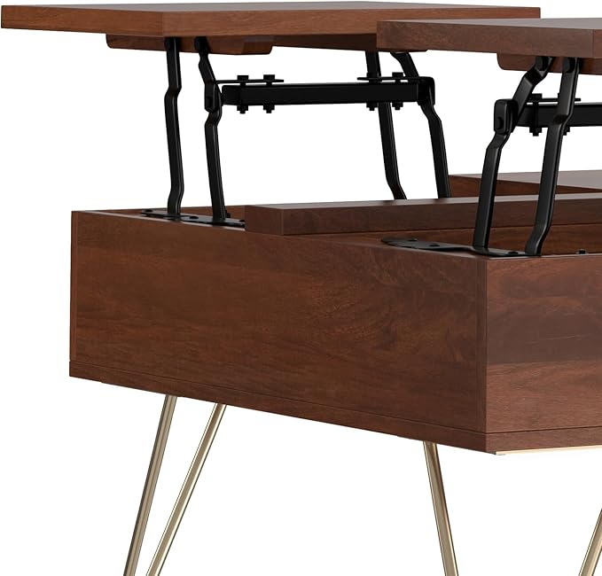 SIMPLIHOME Hunter SOLID MANGO WOOD Wide Square Industrial Lift Top Coffee Table for The Living Family Room, 32 inch, Umber Brown, Gold - LeafyLoom