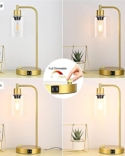 Gold Industrial Table Lamp with 2 USB Charging Ports, Fully Stepless Dimmable Modern Nightstand Lamp, Glass Shade Bedside Desk Lamp for Bedroom Living Room Office, 6W 2700K LED Edison Bulb Included - LeafyLoom