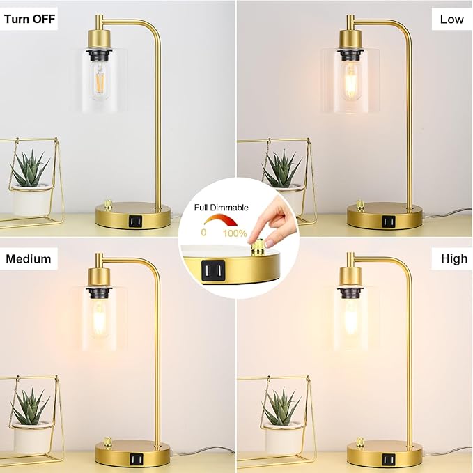 Gold Industrial Table Lamp with 2 USB Charging Ports, Fully Stepless Dimmable Modern Nightstand Lamp, Glass Shade Bedside Desk Lamp for Bedroom Living Room Office, 6W 2700K LED Edison Bulb Included - LeafyLoom