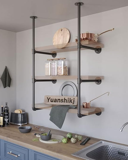 Yuanshikj 2Pc (42" tall 12" deep, 3/4") Industrial Wall Mount iron Pipe Shelf Shelves Shelving Bracket Vintage Retro Black DIY Open Bookshelf Storage Home Kitchen (2 Pcs 3Tier Hardware only) - LeafyLoom