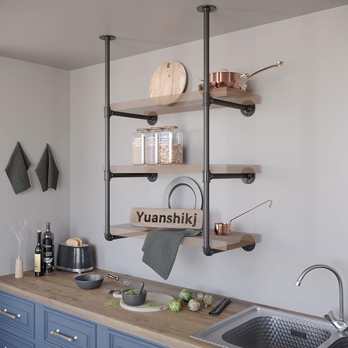 Yuanshikj 2Pc (42" tall 12" deep, 3/4") Industrial Wall Mount iron Pipe Shelf Shelves Shelving Bracket Vintage Retro Black DIY Open Bookshelf Storage Home Kitchen (2 Pcs 3Tier Hardware only) - LeafyLoom