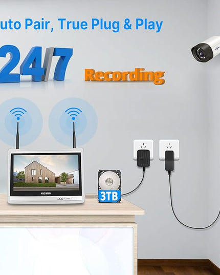 Hiseeu 5MP Wireless Pro Security Camera System with 12" LCD Monitor and 3T HDD Outdoor Use 24/7 Recording Motion Detection Color Night Vision 2 Way Audio Expandable 10CH 8MP NVR Plug and Play Hiseeu