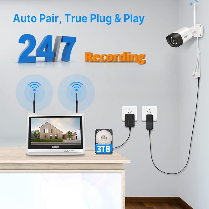 Hiseeu 5MP Wireless Pro Security Camera System with 12" LCD Monitor and 3T HDD Outdoor Use 24/7 Recording Motion Detection Color Night Vision 2 Way Audio Expandable 10CH 8MP NVR Plug and Play Hiseeu