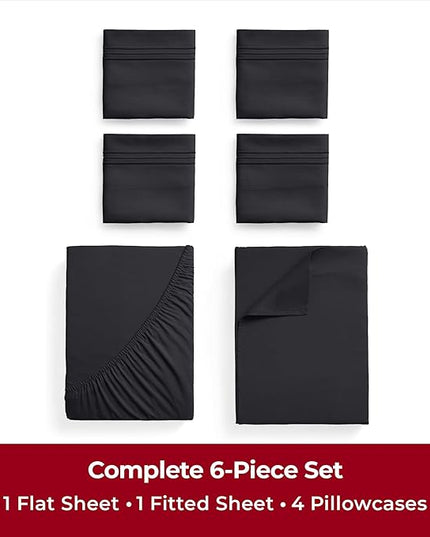Mellanni King Sheets Set - 6 PC Iconic Collection Bedding Sheets & Pillowcases - Hotel Luxury, Ultra Soft, Cooling Bed Sheets - Deep Pocket up to 16 inch - 6 PC (King, Black w/Extra Pillow Cases) - LeafyLoom