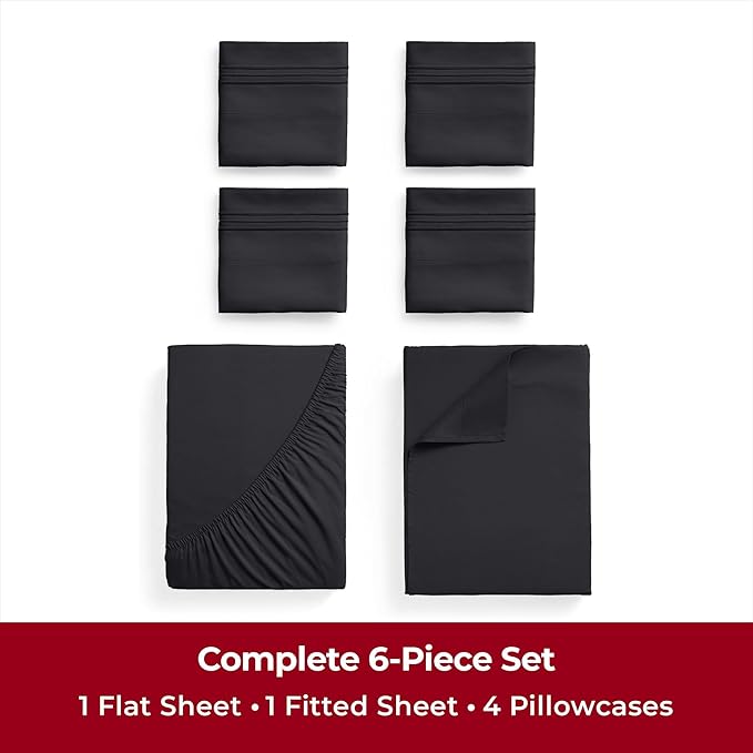 Mellanni California King Sheets Set - 6 PC Iconic Collection Bedding Sheets & Pillowcases - Ultra Soft, Cooling Bed Sheets - Deep Pocket up to 16 inch - 6 PC (Cal King, Black w/Extra Pillow Cases) - LeafyLoom