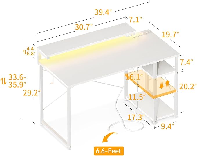 MOTPK White Desk with Led Lights & Power Outlet, 40 Inch Small Computer Desk with Shelves, Reversible Kids Desk with Adjustable Monitor Stand & Headphone Hook, Work Desk for Home Office - LeafyLoom