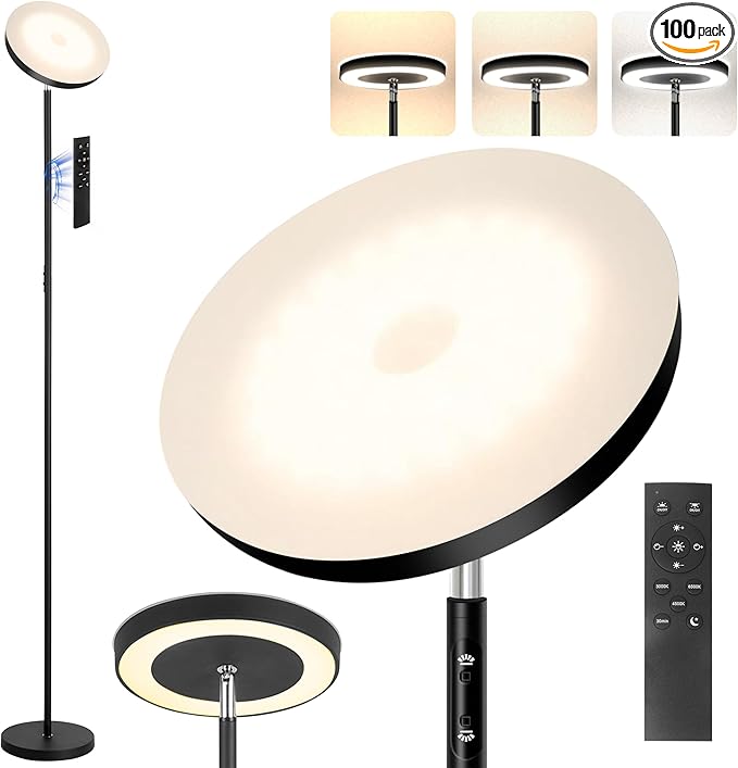 Floor Lamp, 36W/3000LM Super Bright LED Modern Tall Standing Lamp, 3 Color Temperatures Torchiere Sky Lamps, Dimmable Reading Light, Remote & Touch Control for Living Room, Bedroom, Office - LeafyLoom