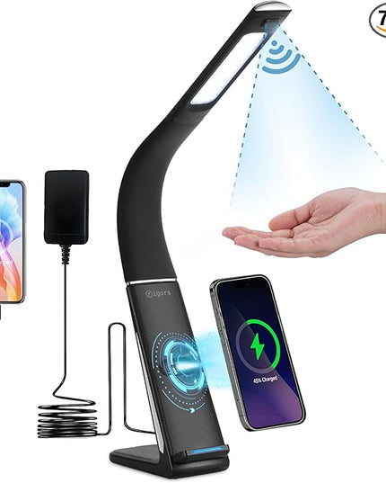 LED Desk Lamp with Wireless Charger, USB Charging Port, Stepless dimmable brightness, Natural Lights, Desk Lamps for Home Office, Table Lamp Eye Caring Reading Light, Gesture Control desk light - LeafyLoom