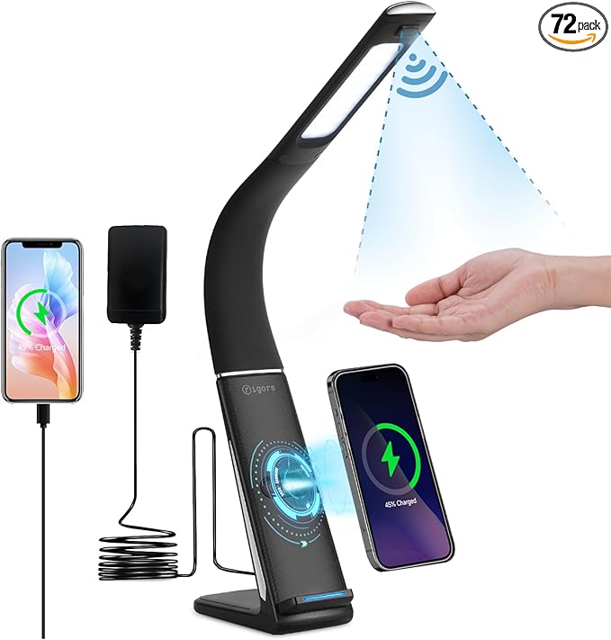 LED Desk Lamp with Wireless Charger, USB Charging Port, Stepless dimmable brightness, Natural Lights, Desk Lamps for Home Office, Table Lamp Eye Caring Reading Light, Gesture Control desk light - LeafyLoom