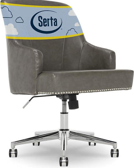 Serta Leighton Modern Office Chair, Stylish Mid-Back Desk Chair, Rivet Detail, Serta Quality Memory Foam, Armchair with Wheels, Vanity Chair, Swivel Chrome Metal Base, Bonded Leather, Gray - LeafyLoom