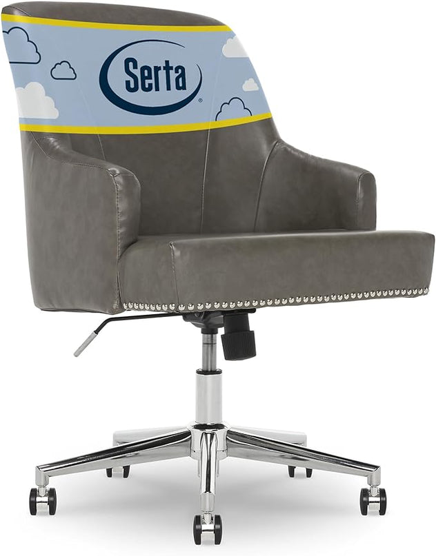 Serta Leighton Modern Office Chair, Stylish Mid-Back Desk Chair, Rivet Detail, Serta Quality Memory Foam, Armchair with Wheels, Vanity Chair, Swivel Chrome Metal Base, Bonded Leather, Gray - LeafyLoom