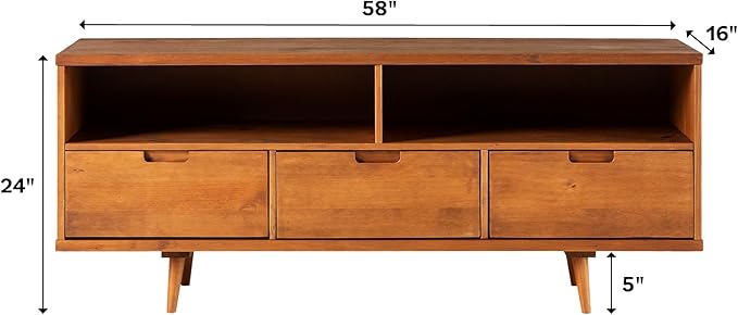 Walker Edison 3-Drawer Mid Century Modern Wood TV Stand for TV's up to 65" Flat Screen Cabinet Door Living Room Storage Entertainment Center, 58 Inch, Caramel - LeafyLoom