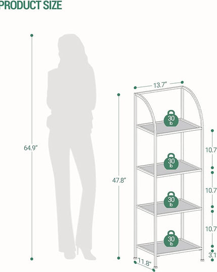 Bookcase Bookshelf, Tempered Glass Arched Bookshelf for More Storage, Slim Shelving Unit for Bedroom, Bathroom, Home Office, Steel Frame, 4 Tier Gold BC20499G - LeafyLoom