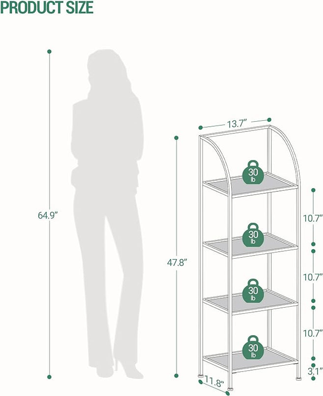 Bookcase Bookshelf, Tempered Glass Arched Bookshelf for More Storage, Slim Shelving Unit for Bedroom, Bathroom, Home Office, Steel Frame, 4 Tier Gold BC20499G - LeafyLoom