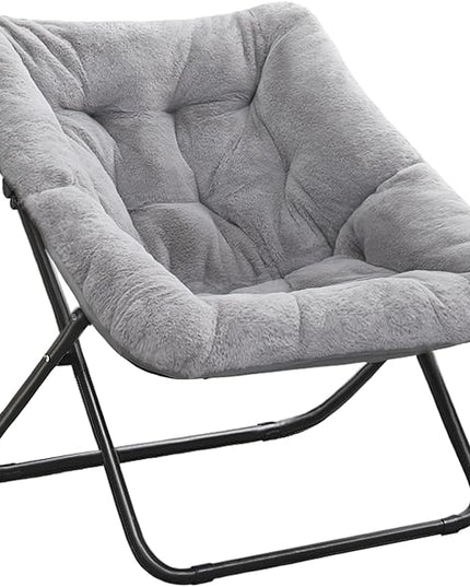 Tiita Comfy Saucer Chair, Soft Faux Fur Oversized Folding Accent Chair, Lounge Lazy Chair for Kids Teens Adults, Metal Frame Moon Chair for Bedroom, Living Room, Dorm Rooms, X-Large, Grey - LeafyLoom