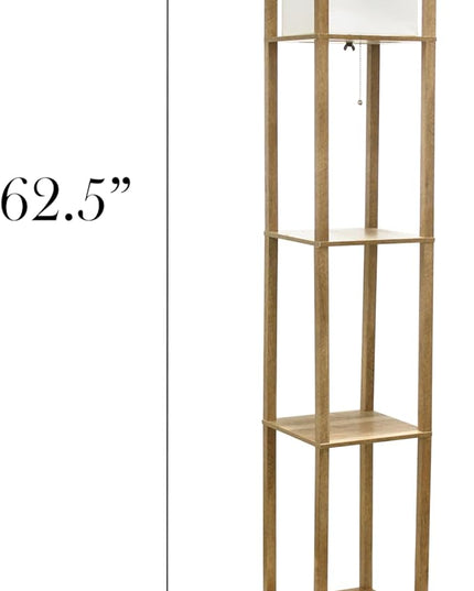 Simple Designs LF1038-WOD 62.5" Modern 3 Tier Standing Floor Lamp Etagere Organizer Storage Shelf with Linen Shade for Home Décor, Living Room, Bedroom, Office, Light Burnt Oak - LeafyLoom