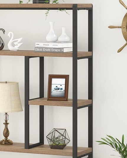 LVB Tall Industrial Etagere Bookcase, Modern Wood Large Open 6 Tier Bookshelf, Vintage Wide Metal Book Shelf Organizer, Farmhouse Book Shelves for Bedroom Living Room Home Office Storage, Rustic Oak - LeafyLoom