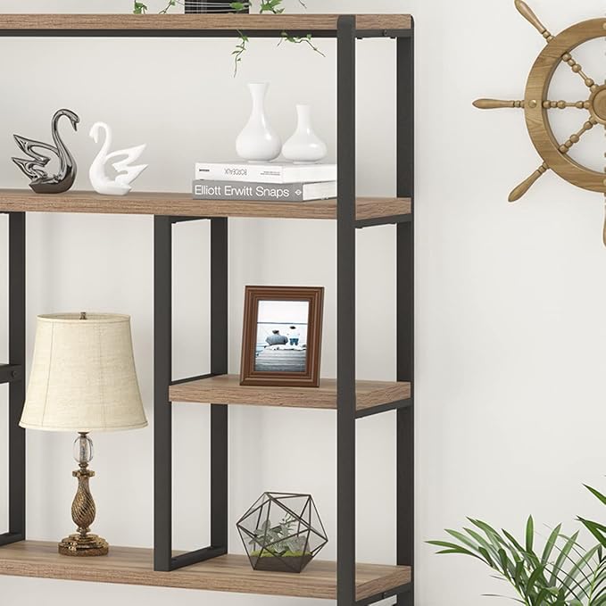 LVB Tall Industrial Etagere Bookcase, Modern Wood Large Open 6 Tier Bookshelf, Vintage Wide Metal Book Shelf Organizer, Farmhouse Book Shelves for Bedroom Living Room Home Office Storage, Rustic Oak - LeafyLoom