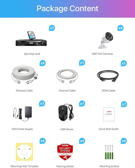 ZOSI 5MP 8CH PoE Security Camera System with Audio, 4pcs Outdoor PoE Cameras, Night Vision, Smart Human Detection, Remote Access, H.265+ 8 Channel 5MP 3K Home NVR with 1TB HDD for 24/7 Recording ZOSI