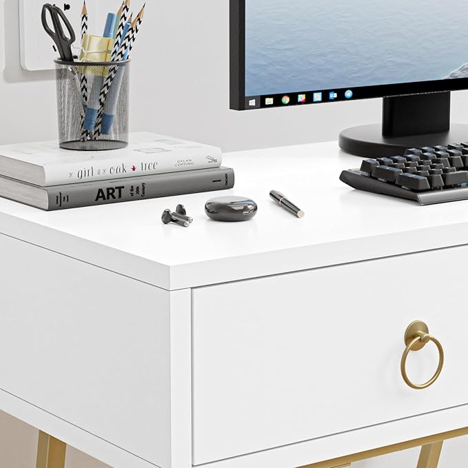 Anmytek Modern Home Office Desk, 35.4 Inch Makeup Vanity Table White Study Desk 2 Drawers Writing Desk Computer Desk with Golden Legs, D0002 - LeafyLoom