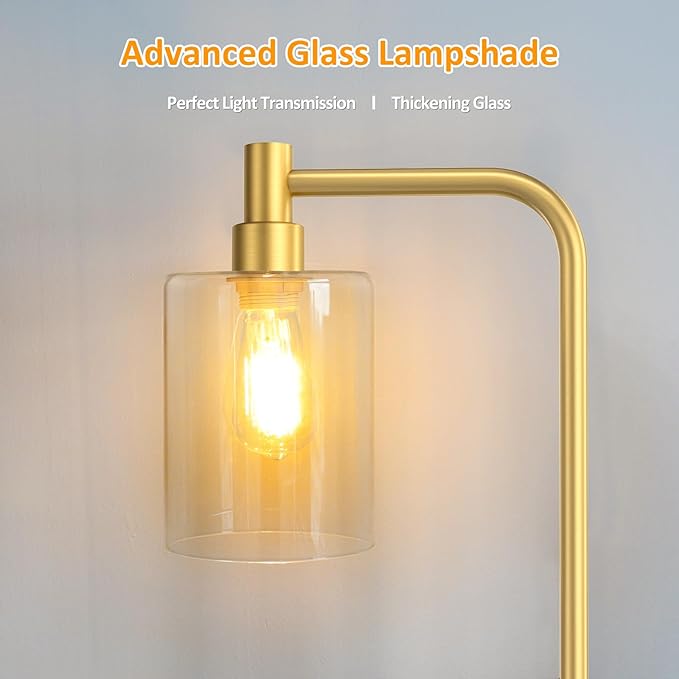 Stepless Dimmable Floor Lamps with Glass Lampshade Modern Standing Lamps with 6W LED Bulb Bright Corner Lamp Tall Pole Lamps for Living Room Bedroom Office Study Room Farmhouse, Gold - LeafyLoom