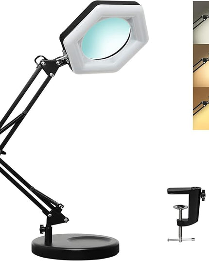 Magnifying Glass with Light and Stand, Dimmable LED Magnifier Desk Lamp with Clamp, 3 Color Modes, Hands Free Magnifying Lights for Close Work, Repair, Swing Arm Magnifying Work Light with Base - LeafyLoom