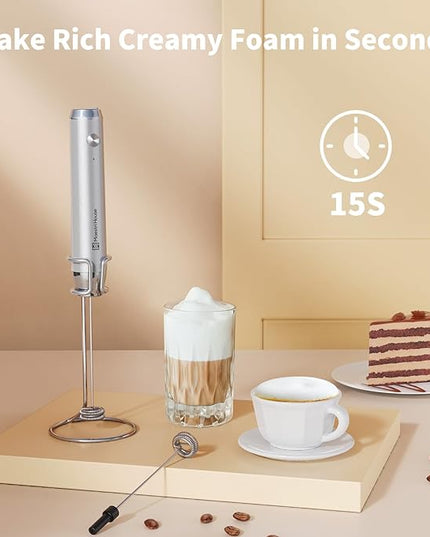Maestri House Rechargeable Milk Frother with Stand, Handheld Electric Foam Maker Waterproof Detachable Stainless Steel Whisk Drink Mixer Foamer for Lattes, Cappuccino - LeafyLoom