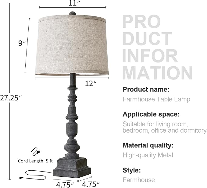 Oneach 27.75" Single Table Lamp for Living Room, Farmhouse Bedside Lamps with Dual USB Port for Bedroom Kids Room Dorm Office, Rustic Lamps for End Table Nigntstand Resin… - LeafyLoom