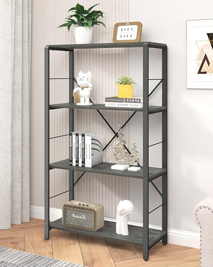 Bookshelf and Bookcase, Rustic Wood and Metal Book Shelves, Vintage 4-tier Shelving Unit for Living Room Bedroom, Grey - LeafyLoom
