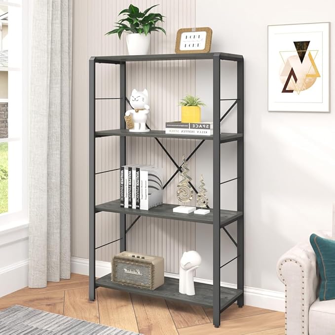 Bookshelf and Bookcase, Rustic Wood and Metal Book Shelves, Vintage 4-tier Shelving Unit for Living Room Bedroom, Grey - LeafyLoom