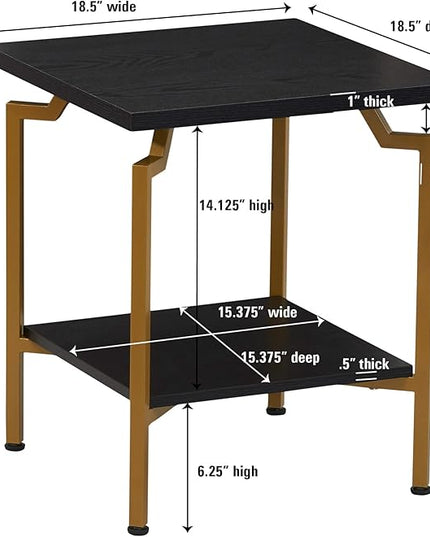 Household Essentials Crown Square Side End Table with Storage Shelf Black Oak Wood Grain and Gold Metal - LeafyLoom