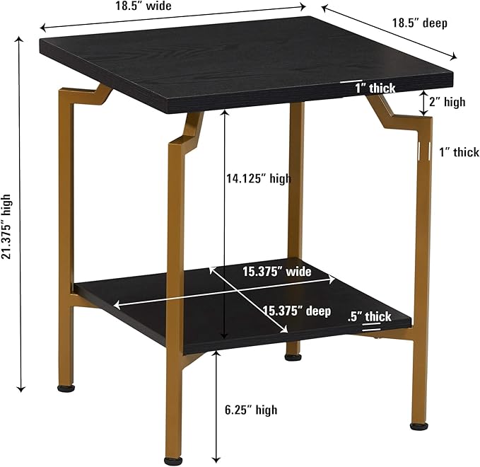 Household Essentials Crown Square Side End Table with Storage Shelf Black Oak Wood Grain and Gold Metal - LeafyLoom