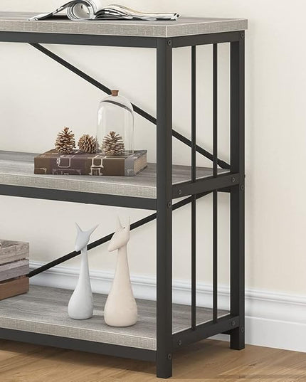 IBF Low Long Horizontal Bookshelf, Industrial Modern 3 Tier Etagere Bookcase, Large Wide Open Rustic Metal and Wood Grey Book Shelf for Bedroom Living Room Home Office Storage, Light Grey Oak, 63 Inch - LeafyLoom