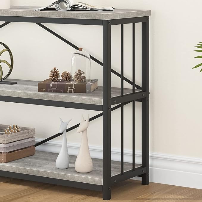 IBF Low Long Horizontal Bookshelf, Industrial Modern 3 Tier Etagere Bookcase, Large Wide Open Rustic Metal and Wood Grey Book Shelf for Bedroom Living Room Home Office Storage, Light Grey Oak, 63 Inch - LeafyLoom
