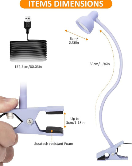 Clip on Lamp USB Reading Light, 3 Color Modes, 10 Brightness Dimmable, Flexible Gooseneck Desk Lamp with Clamp, Eye Care Clip on Light for Bed Headboard Desk Home Dorm - LeafyLoom