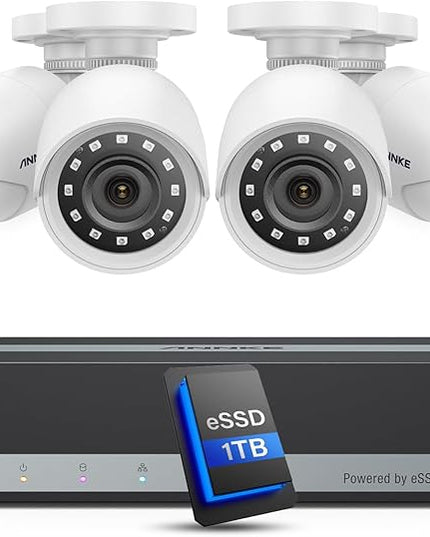 ANNKE Security Camera System, 3K Lite 5-in-1 H.265+ 8CH eDVR with 1TB eSSD and (4) 1080p (2MP) Weatherproof Surveillance Wired Cams, AI Human/Vehicle Detection, 100ft Night Vision, Email Alert ANNKE