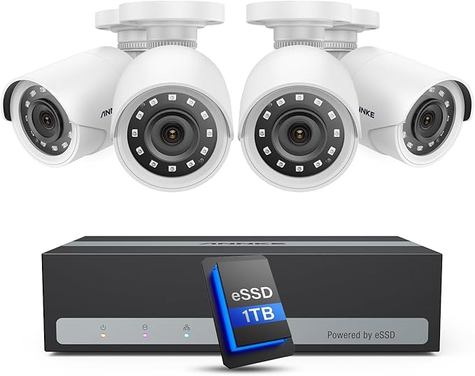 ANNKE Security Camera System, 3K Lite 5-in-1 H.265+ 8CH eDVR with 1TB eSSD and (4) 1080p (2MP) Weatherproof Surveillance Wired Cams, AI Human/Vehicle Detection, 100ft Night Vision, Email Alert ANNKE