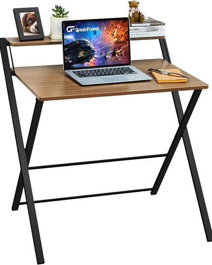 GreenForest Folding Desk No Assembly Required Small Size, 2-Tier Foldable Computer Desk with Shelf for Home Office, Space Saving Portable Laptop Study Foldable Table for Small Spaces, Espresso - LeafyLoom