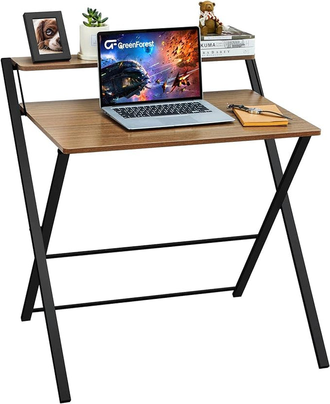 GreenForest Folding Desk No Assembly Required Small Size, 2-Tier Foldable Computer Desk with Shelf for Home Office, Space Saving Portable Laptop Study Foldable Table for Small Spaces, Espresso - LeafyLoom