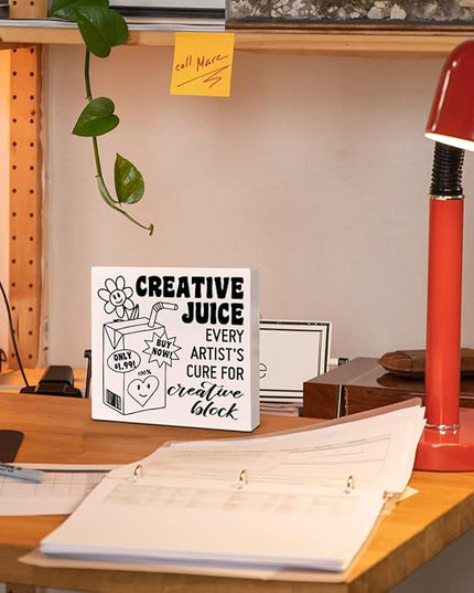 Retro Home Office Desk Wooden Box Sign Decor, Every Artist's Cure for Creative Block, Inspirational Quotes Desk Decor Motivational Desk Decorations for Women Men Student Office Classroom School - LeafyLoom
