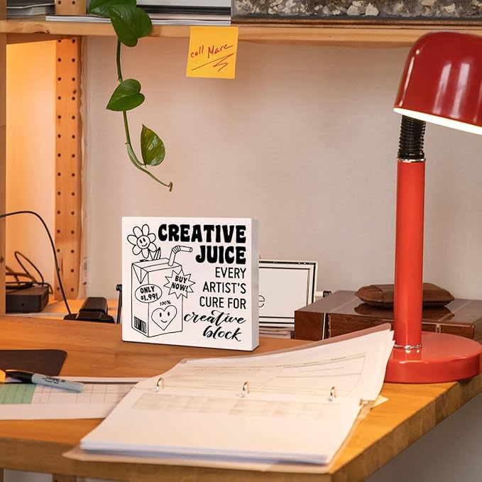 Retro Home Office Desk Wooden Box Sign Decor, Every Artist's Cure for Creative Block, Inspirational Quotes Desk Decor Motivational Desk Decorations for Women Men Student Office Classroom School - LeafyLoom