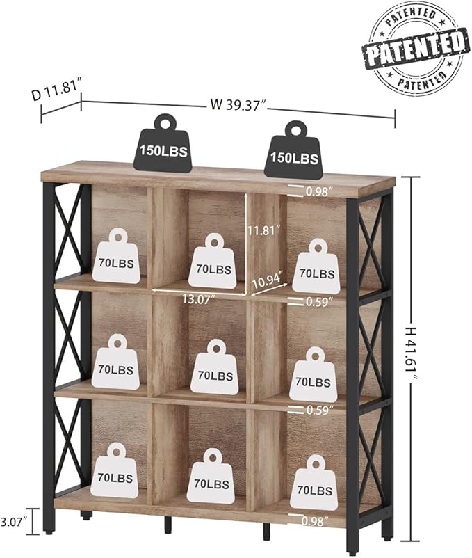 FATORRI 9 Cube Storage Bookshelf, Industrial 4 Shelf Book Shelf, Farmhouse Wood and Metal Cubby Bookcase for Home Office (39.37" W, Rustic Oak) - LeafyLoom