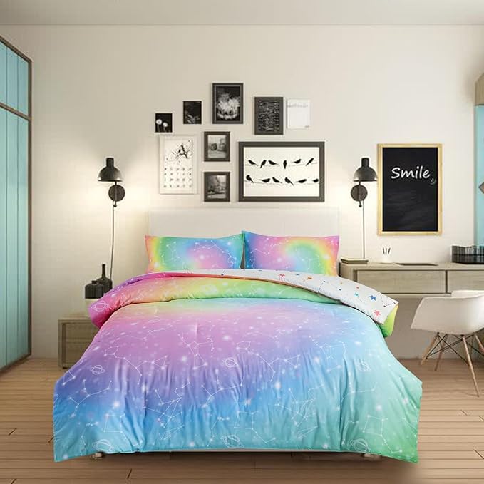 Holawakaka Tie Dye Constellation Print Rainbow Ombre Comforter Set Full Size Girls Boys Gradient Galaxy Bedding Sets Teens Boho Bed Set(Multi,Full) - LeafyLoom