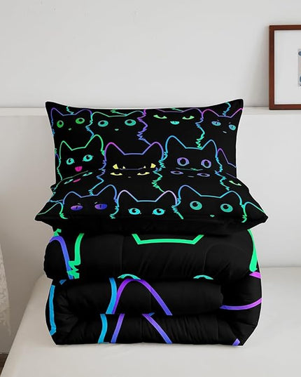 Erosebridal Boys Bedding Cartoon Cat Comforter Set Queen Size,Gradient Line Cute Cat Bedding Set for Kids Teens Girls Adults Room Decor,Lovely Animal Kitten Print Comforter All Season,Rainbow Black - LeafyLoom