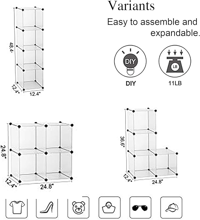 C&AHOME Cube Storage Organizer, 4-Cube Shelving Units, DIY Closet Storage, Modular Book Shelf, Ideal for Bedroom, Living Room, Office, 24.8" L x 12.4" W x 24.8" H Translucent White SBTM3004A - LeafyLoom